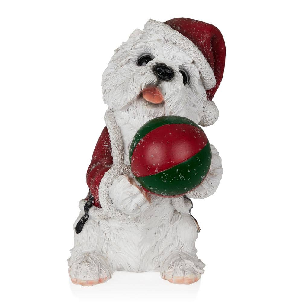 Christmas Santa White Dog Holding Ball Statuary