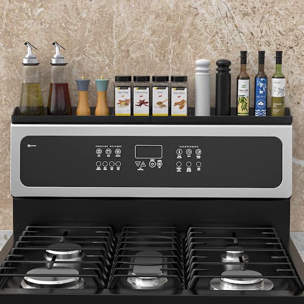 30 in. Magnetic Stove Top Shelf, Silicone Spice Rack, 3 Functional Partitions for Spices, Oils and Gadgets, Black