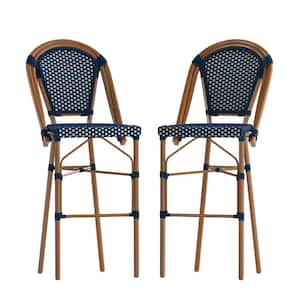 46 in. Blue/Natural Mid-Back Metal Bar Stool with Rattan Seat (Set of 2)