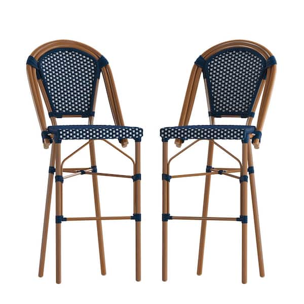 TAYLOR + LOGAN 46 in. Blue/Natural Mid-Back Metal Bar Stool with Rattan Seat (Set of 2)