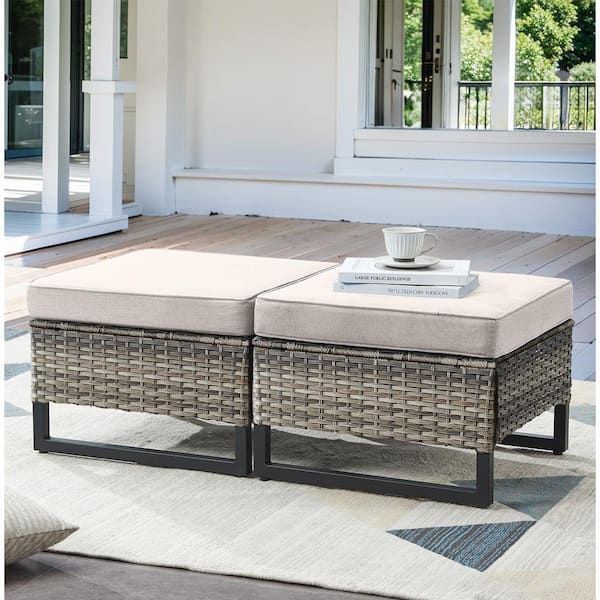 Pocassy 2-Pack Gray Wicker Outdoor Ottoman Steel Frame Footstool with Removable Beige Cushions