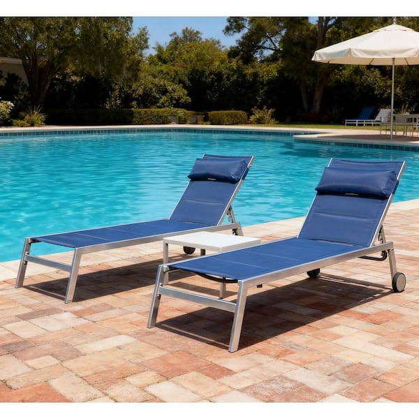 3-Piece Outdoor Aluminum Chaise Lounge Set, Navy Blue Adjustable Lounge Chairs with Wheels, Gray Coffee Table for Yard