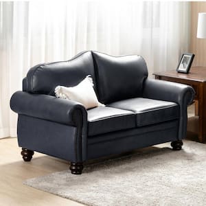 Rafael Navy 60 in. Wide Genuine Leather in Rolled Arm Rectangle Sofa with Nailhead Trims