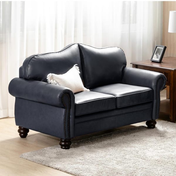 JAYDEN CREATION Rafael Navy 60 in. Wide Genuine Leather in Rolled Arm Rectangle Sofa with Nailhead Trims