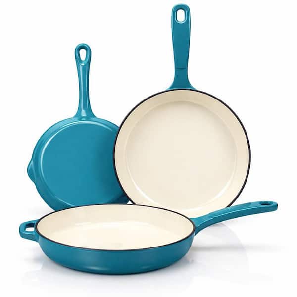 7 Piece Enameled Cast Iron Ceramic Nonstick Cookware Set in Biscay Blue, Oven Safe, Induction Compatible