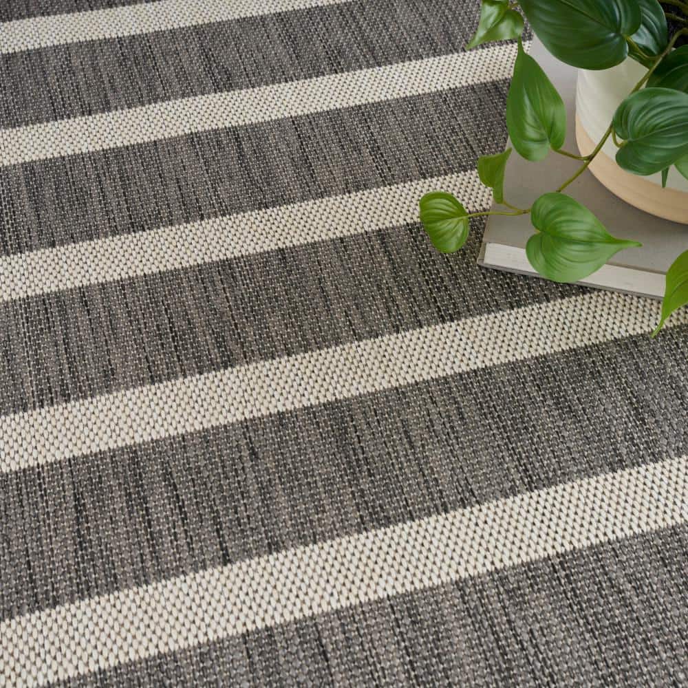 Charcoal Ivory Striped Flatweave 8' x 10' Outdoor Rug