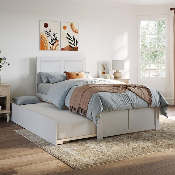 Canyon White Solid Wood Frame Twin XL Platform Bed with Footboard and Twin XL Trundle