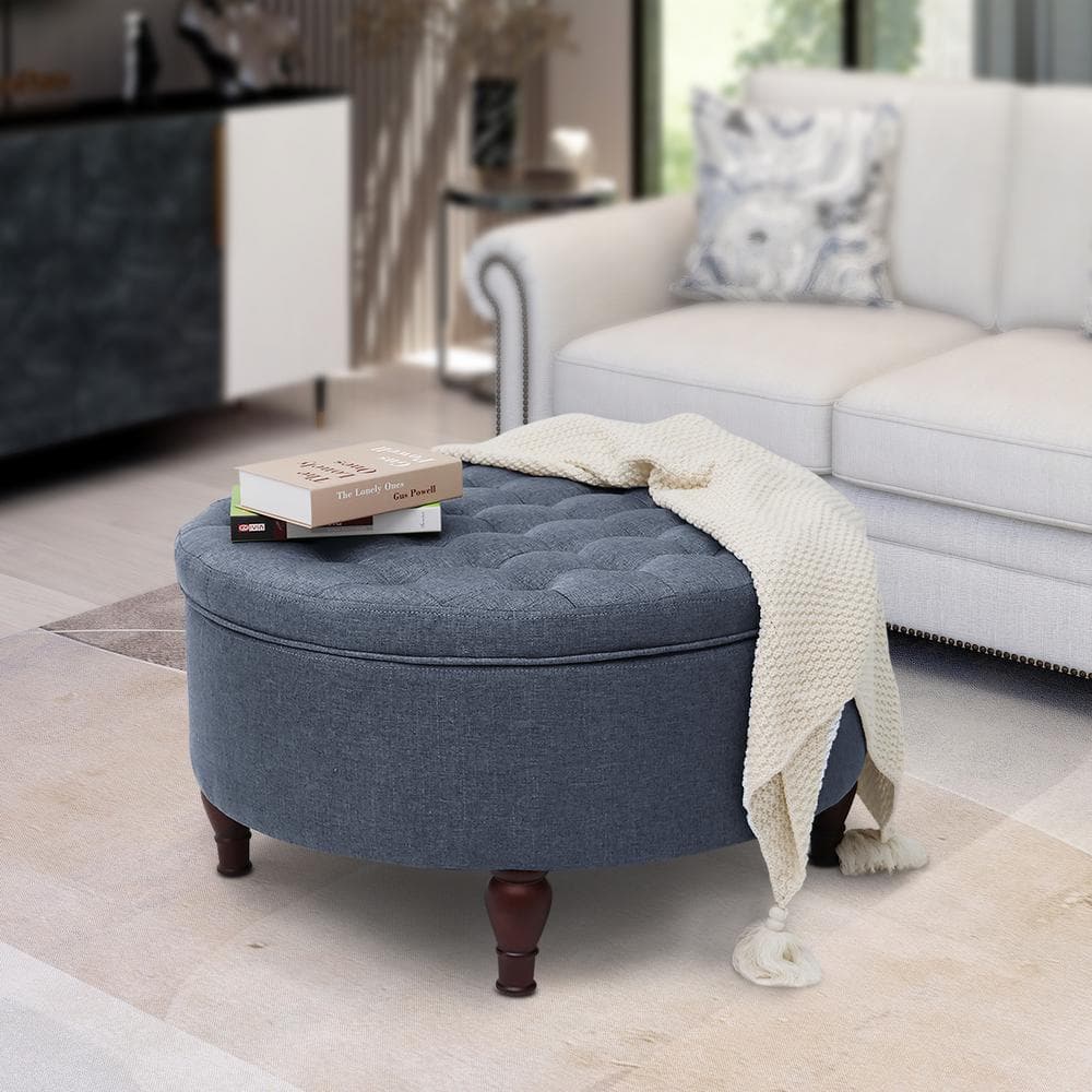 Maypex 32 in. W x 32 in. D x 18 in. H Round Denim Blue Upholstered ...