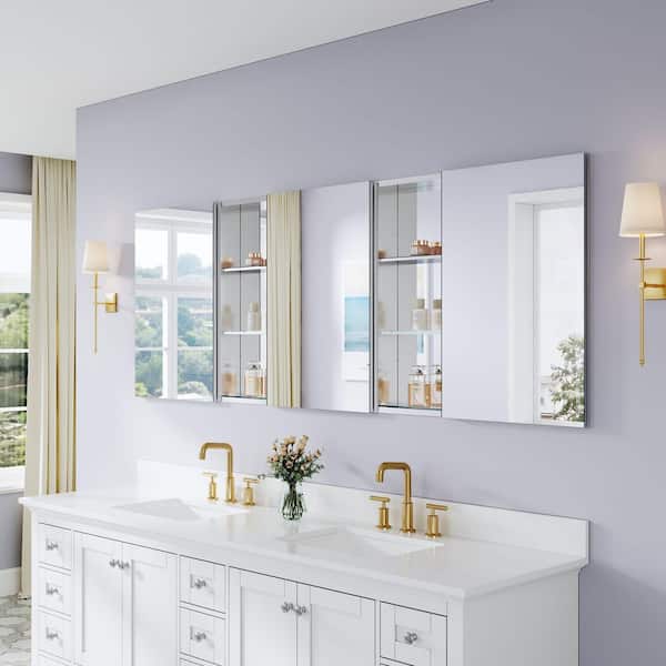84 in. W x 30 in. H Rectangular Polished Aluminum Tri-view Soft Close Medicine Cabinet with Mirror Combo Set, Reversible