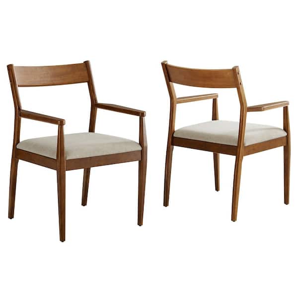 MODWAY Solara Wood Fabric Dining Chairs (Set of 2) in Walnut Heathered Weave Beige Heathered Fabric Accent Dining Armchairs