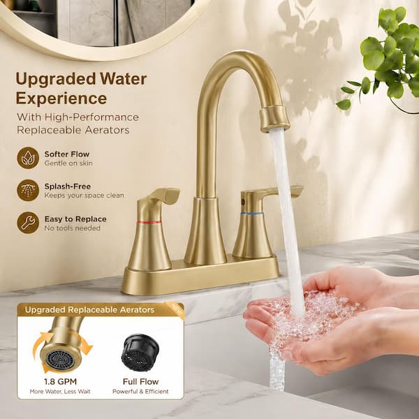 Easy Install 4 in. Centerset Double Handle High Arc Bathroom Faucet with Drain Kit in Brushed Gold