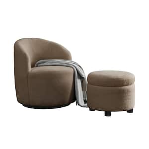 Coffee Teddy Fabric Upholstered 360° Swivel Barrel Chair and Round Storage Ottoman Set Modern Armchair