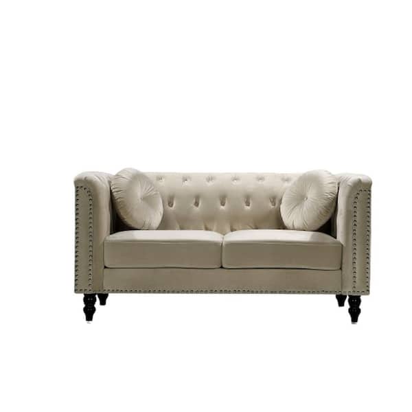 US Pride Furniture Vivian 64.17 in. Cream Classic Velvet 2-Seats Chesterfield Loveseat with Nailheads