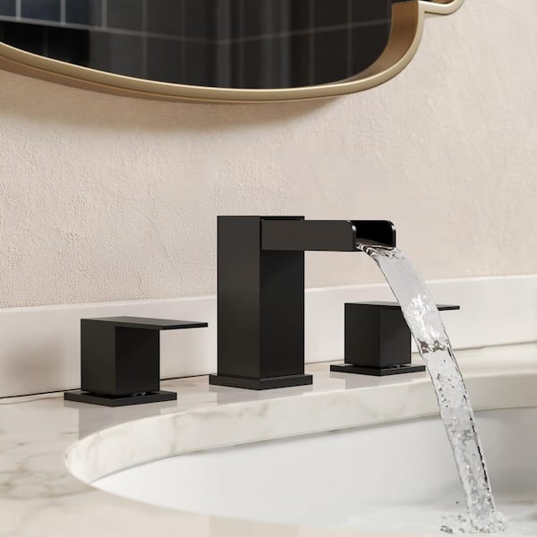 Waterfall Spout 8 in. Widespread Double Handle Bathroom Faucet 1.0 GPM in Matte Black Valve and Drain Included