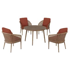 Coral Vista 5-Piece Brown Wicker and Steel Outdoor Patio Dining Set with CushionGuard Quarry Red Cushions
