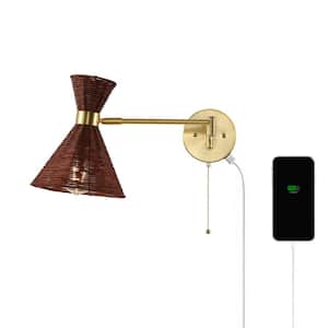 Lily 25 in. 1-Light Rattan/Metal USB Charging Swing Arm LED Wall Sconce with Pull Chain, Dark Brown/Brass Gold