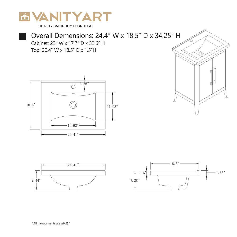 24" White Single Sink Bathroom Vanity with Ceramic Top