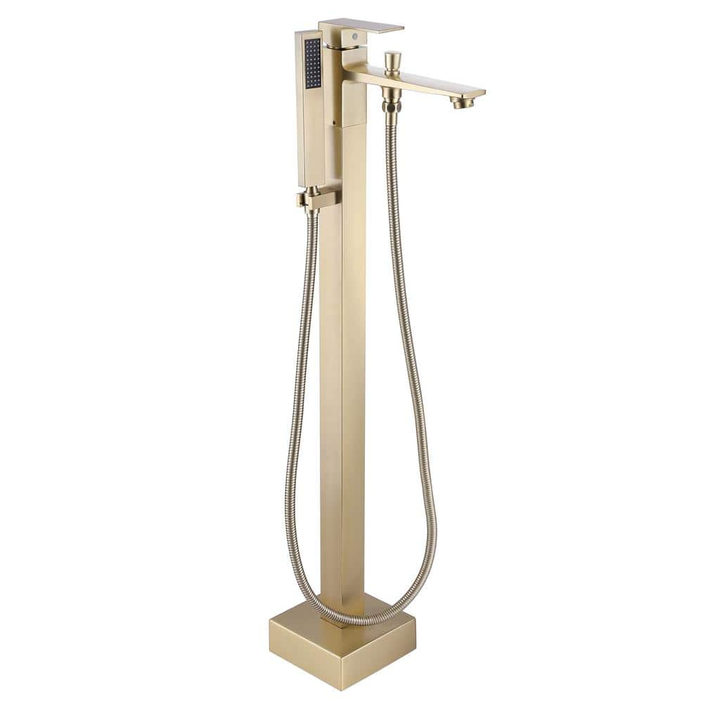 Tomfaucet Single Handle Floor Mount Freestanding Tub Faucet With Hand Shower In Brushed Gold 4734