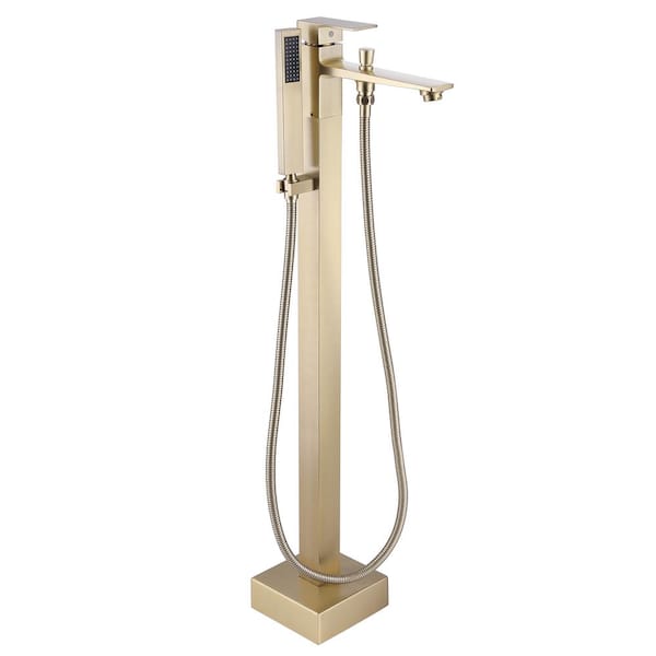 Tomfaucet Single Handle Floor Mount Freestanding Tub Faucet with Hand Shower in Brushed Gold