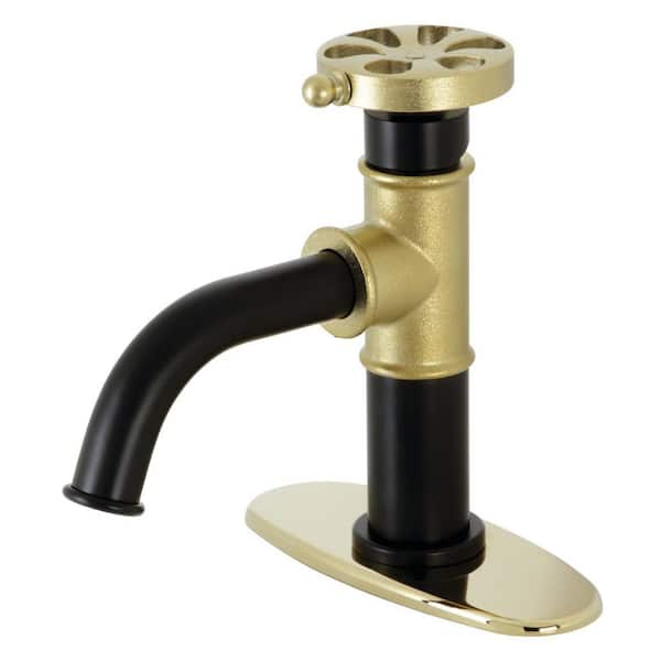 Kingston Brass Belknap Single-Handle Single-Hole Bathroom Faucet with Push Pop-Up and Deck Plate in Matte Black/Polished Brass