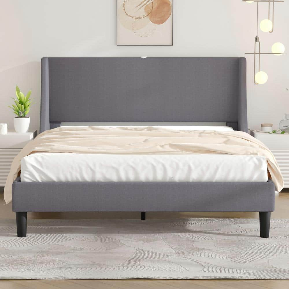 VECELO Upholstered Bed, Light Gray Metal Frame Full Platform Bed With ...