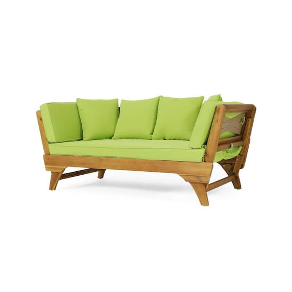 Noble House Finleigh Teak Wood Outdoor Day Bed with Light Green Cushions