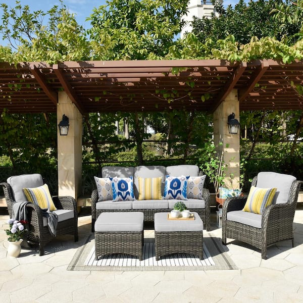 OVIOS New Kenard Gray 5-Piece Wicker Outdoor Patio Sectional Conversation Set with Gray Cushions