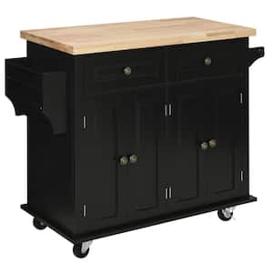 Black Rubberwood 44 in. Kitchen Island on Wheels with 2 Doors, 2 Drawers, Spice Rack and Towel Bar