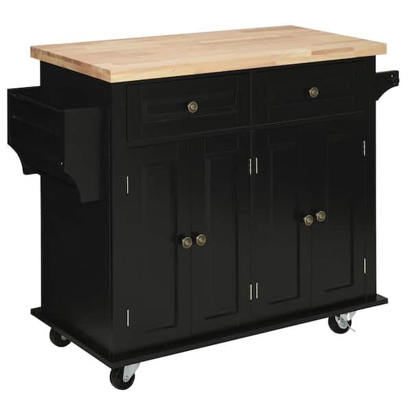 Tileon Black Rubberwood 44 in. Kitchen Island on Wheels with 2 Doors, 2 Drawers, Spice Rack and Towel Bar