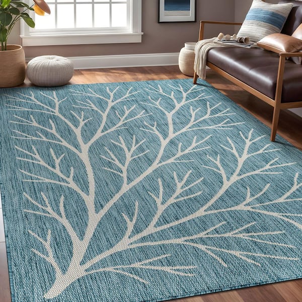 Flora Aqua 6 ft. x 9 ft. Coral Branch Washable Indoor Outdoor Area Rug