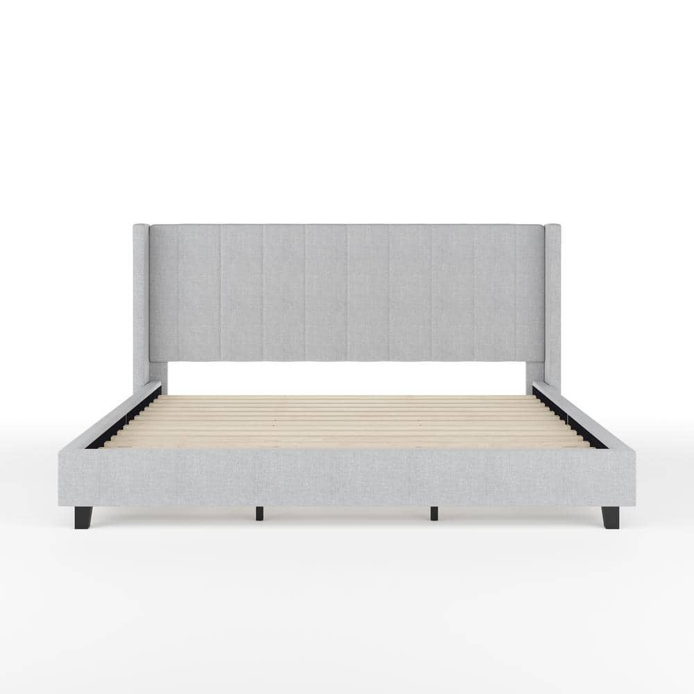 Gray King Upholstered Platform Bed with Linen Wingback Headboard