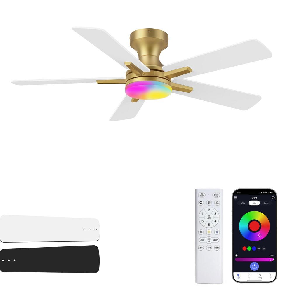 42 in. RGB Smart Modern Gold Flush Mount Outdoor Indoor Ceiling Fan with LED Lights and Remote/APP, Reversible DC Motor