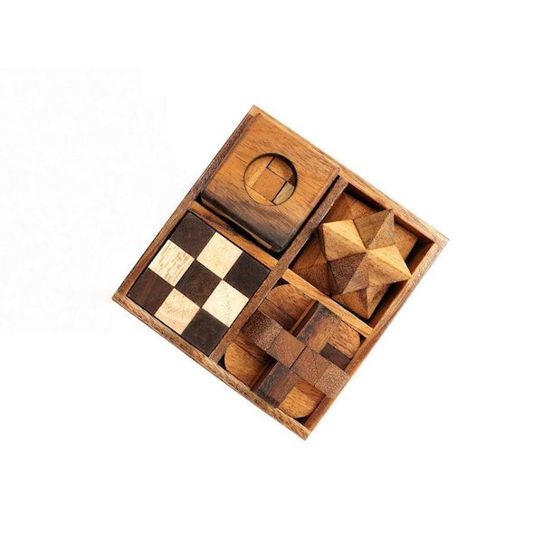Angel Sar Rustic Wooden Puzzle Box Set with 4 Interlocking Games