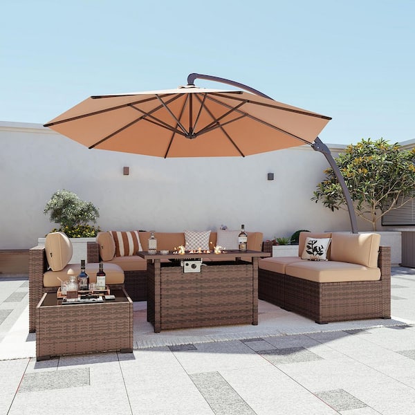 12-Piece Wicker Patio Conversation Gray Fire Pit Table Sectional Seating Set with Coffee Table and Black Cushions