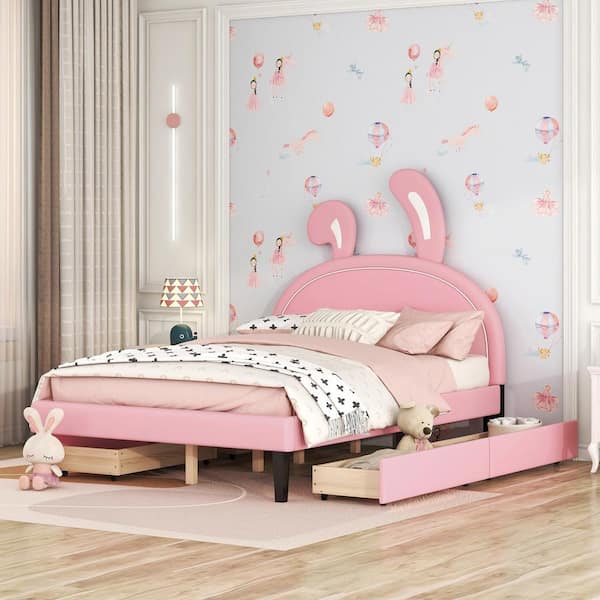 Harper & Bright Designs Pink Wood Frame Full Size PU Leather Upholstered Platform Bed with Rabbit Ears Headboard, 4 Storage Drawers
