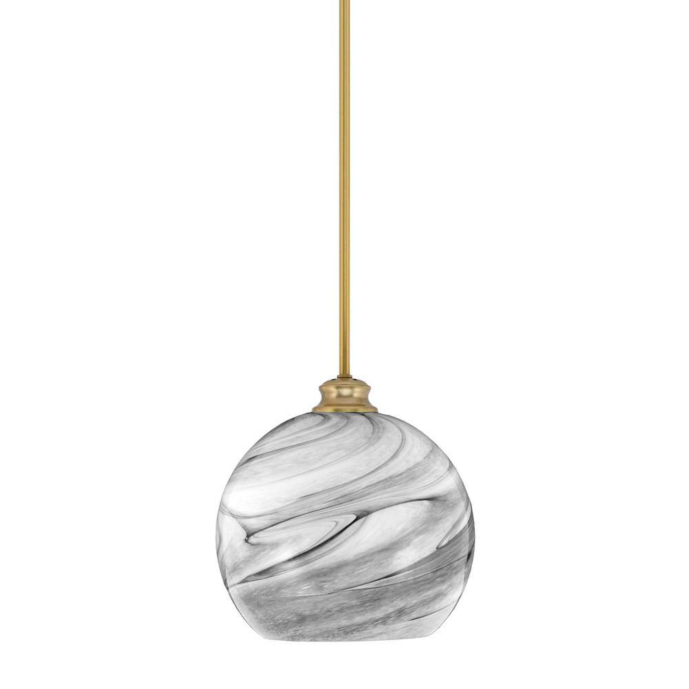 Kimbro 1-Light New Age Brass Stem Mini Pendant Light with Onyx Swirl Glass 