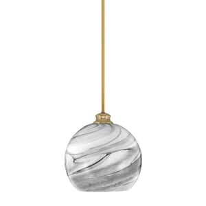 Kimbro 1-Light New Age Brass Stem Mini Pendant Light with Onyx Swirl Glass Shade