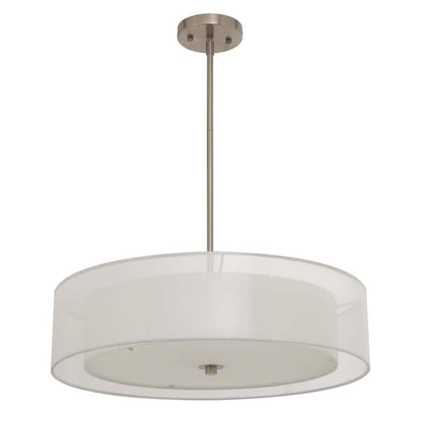 Brushed Nickel Double Drum Pendant, 3 Light Chandelier With Drum Shade