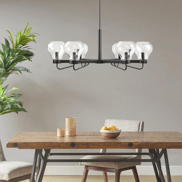 54 in. Black 6-Light Mid-Century Pendant Light with Clear Bowl-Shaped Glass Shades and Adjustable Height for Dining Room
