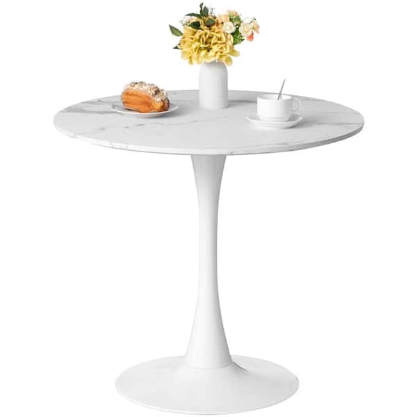 FABULAXE Modern White MDF 31.5" Table with Marble Painting Top and Sturdy Wooden Pedestal Stand, Accent Dining Table, 4 People
