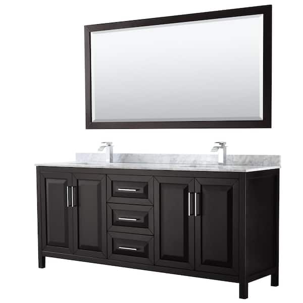 Wyndham Collection Daria 80 in. Double Bathroom Vanity in Dark Espresso with Marble Vanity Top in Carrara White and 70 in. Mirror