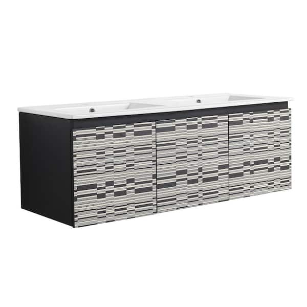 48 in. W x 18.30 in. D x 17.30 in. H Dual Sink Wall-Mounted Bath Vanity in Black White with White Ceramic Sink