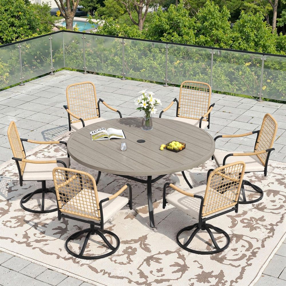 7-Piece Metal Outdoor Dining Set with 50 in. Gray Wood-Like Round Table and 6 Swivel Wicker Chairs with Beige Cushions price history on PriceWatchPro