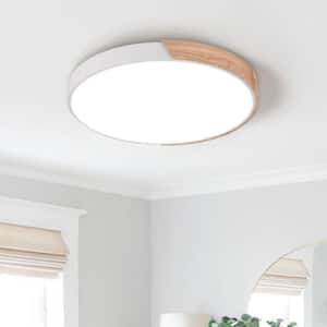 Lumin 19.7 in. 1-Light Wood and White Finish LED Flush Mount Dimmable for Bedroom Kitchen Living/ Dining Room (3000K)