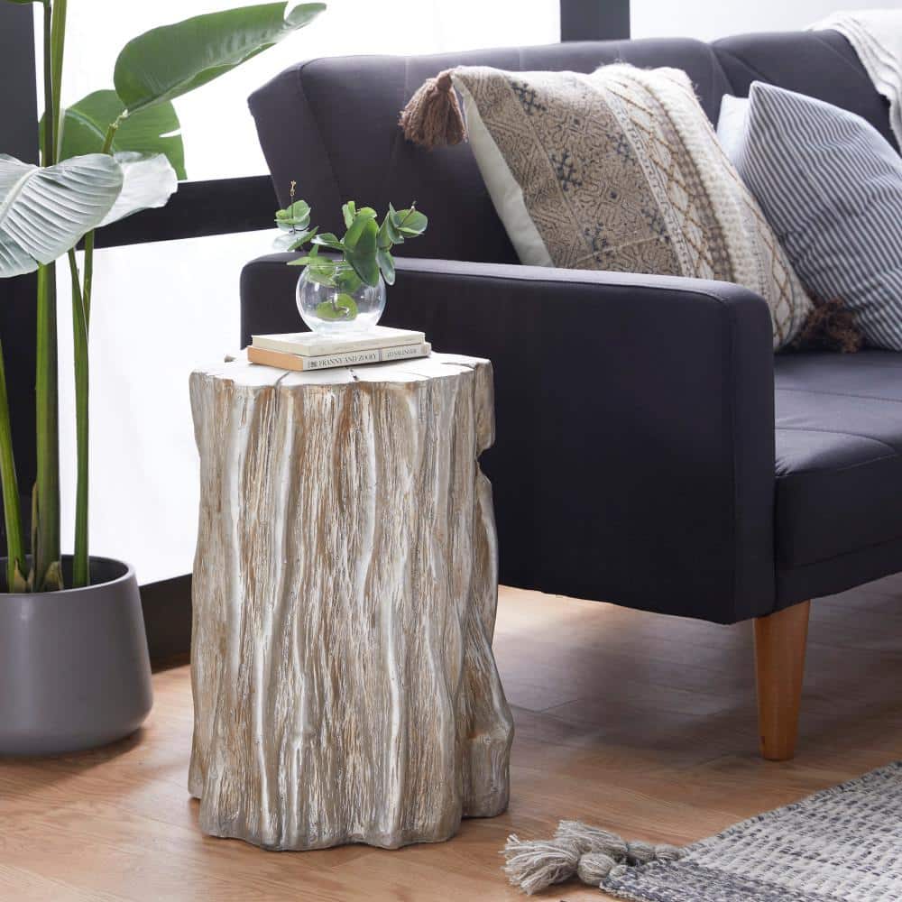 Silver Tree Trunk Inspired Round Fiberglass Accent Stool 13" x 19"