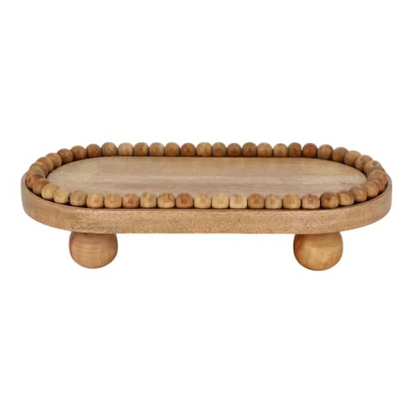Brown 16 in. x 3.75 in. Mango Wood Beaded Oval Tray with Ball Feet
