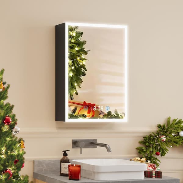 FAMYYT 20 in. W x 28 in. H Rectangular Aluminum Dimmable Flowing LED Light Medicine Cabinet with Mirror, Right Hinge
