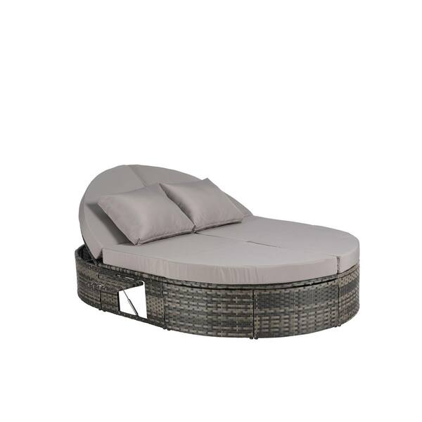 Sudzendf Wicker Outdoor Round Day Bed with Light Gray Cushions and Pillows, Adjustable Backrests and Foldable Cup Trays