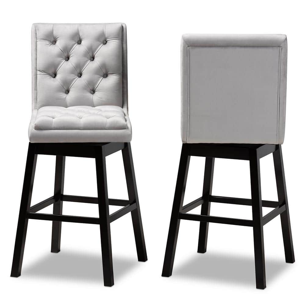 Gregory Light Grey Velvet and Dark Brown Wood Swivel Bar Stool Set