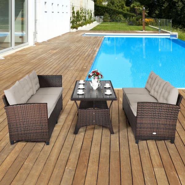 3-Piece Wicker Outdoor Dining Set Hand-Woven Rattan Sofa Set with Beige Cushions and Dining Table